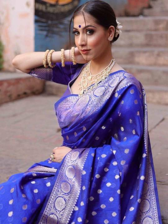 Luxury Royal Blue Banarasi Silk Saree with Silver Zari Butti Work & Grand Border