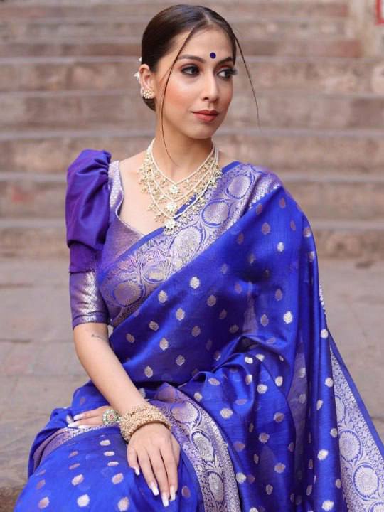 Luxury Royal Blue Banarasi Silk Saree with Silver Zari Butti Work & Grand Border