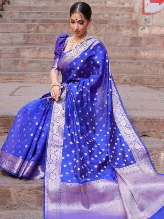 Luxury Royal Blue Banarasi Silk Saree with Silver Zari Butti Work & Grand Border