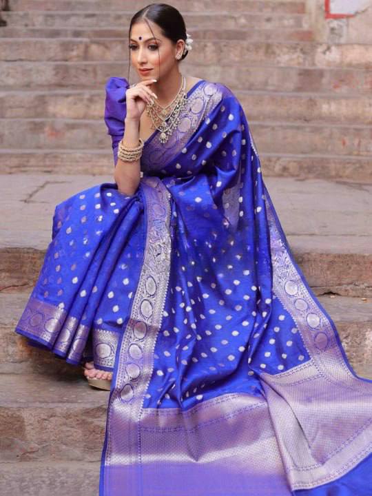 Luxury Royal Blue Banarasi Silk Saree with Silver Zari Butti Work & Grand Border