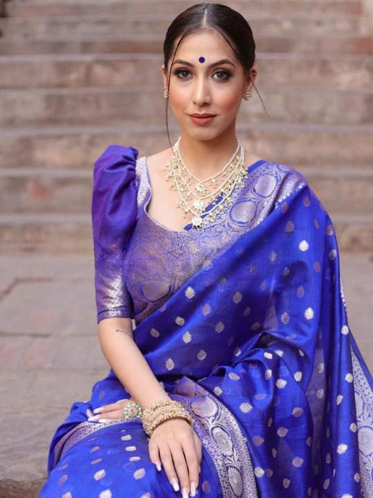 Luxury Royal Blue Banarasi Silk Saree with Silver Zari Butti Work & Grand Border