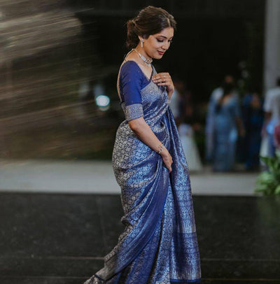 Royal Indigo Blue Banarasi Silk Saree with Silver Zari Floral Weaving & Rich Designer Pallu