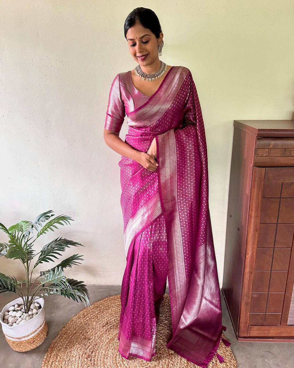 Luxury Magenta Banarasi Silk Saree with Silver Zari Weaving & Elegant Rich Pallu