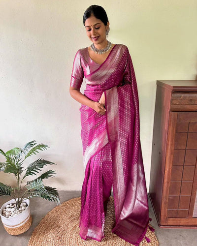 Luxury Magenta Banarasi Silk Saree with Silver Zari Weaving & Elegant Rich Pallu