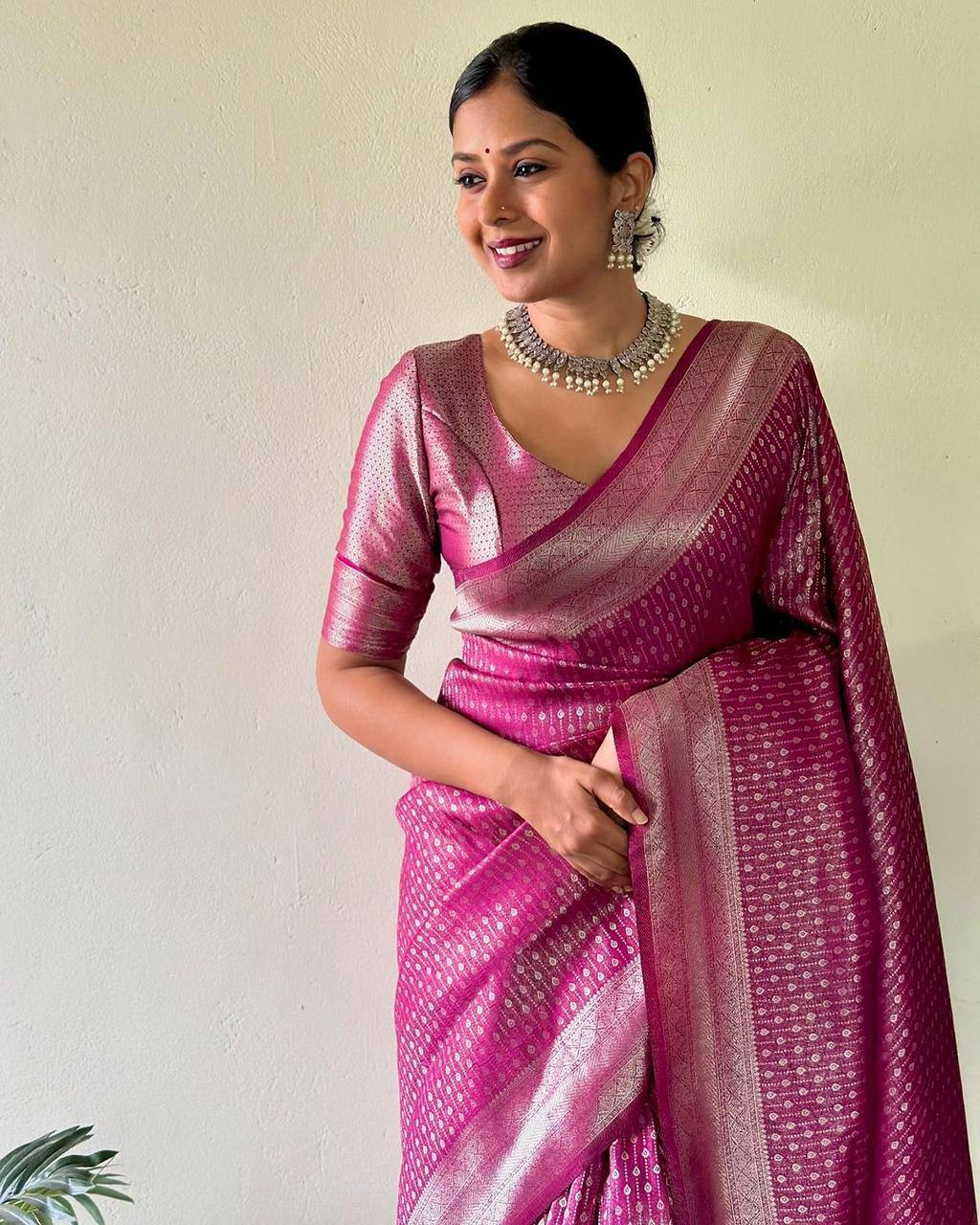 Luxury Magenta Banarasi Silk Saree with Silver Zari Weaving & Elegant Rich Pallu