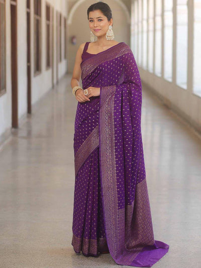 Luxury Royal Purple Banarasi Silk Saree with Antique Gold Zari Butti Work & Rich Border