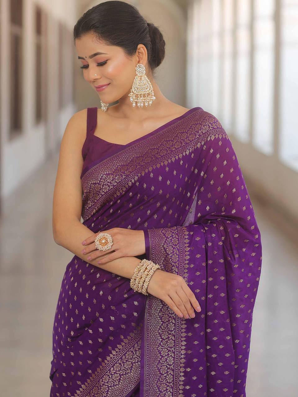Luxury Royal Purple Banarasi Silk Saree with Antique Gold Zari Butti Work & Rich Border