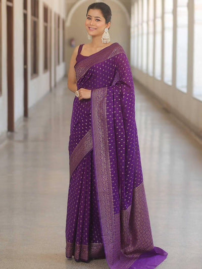 Luxury Royal Purple Banarasi Silk Saree with Antique Gold Zari Butti Work & Rich Border