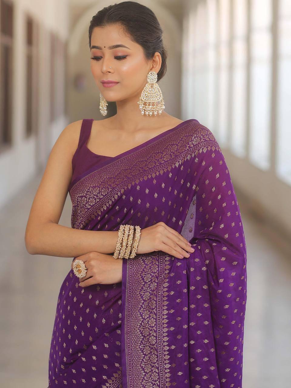 Luxury Royal Purple Banarasi Silk Saree with Antique Gold Zari Butti Work & Rich Border