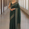 Premium Emerald Green Banarasi Silk Saree with Antique Gold Zari Butti Work & Rich Border