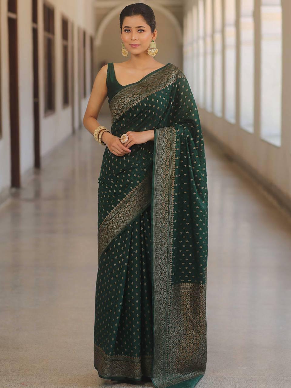 Premium Emerald Green Banarasi Silk Saree with Antique Gold Zari Butti Work & Rich Border