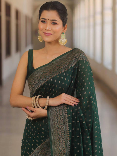 Premium Emerald Green Banarasi Silk Saree with Antique Gold Zari Butti Work & Rich Border