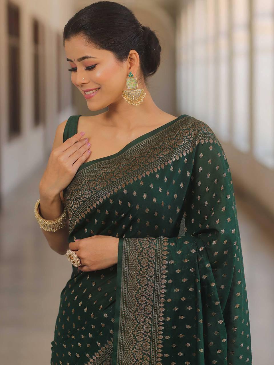 Premium Emerald Green Banarasi Silk Saree with Antique Gold Zari Butti Work & Rich Border