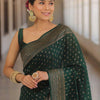Premium Emerald Green Banarasi Silk Saree with Antique Gold Zari Butti Work & Rich Border