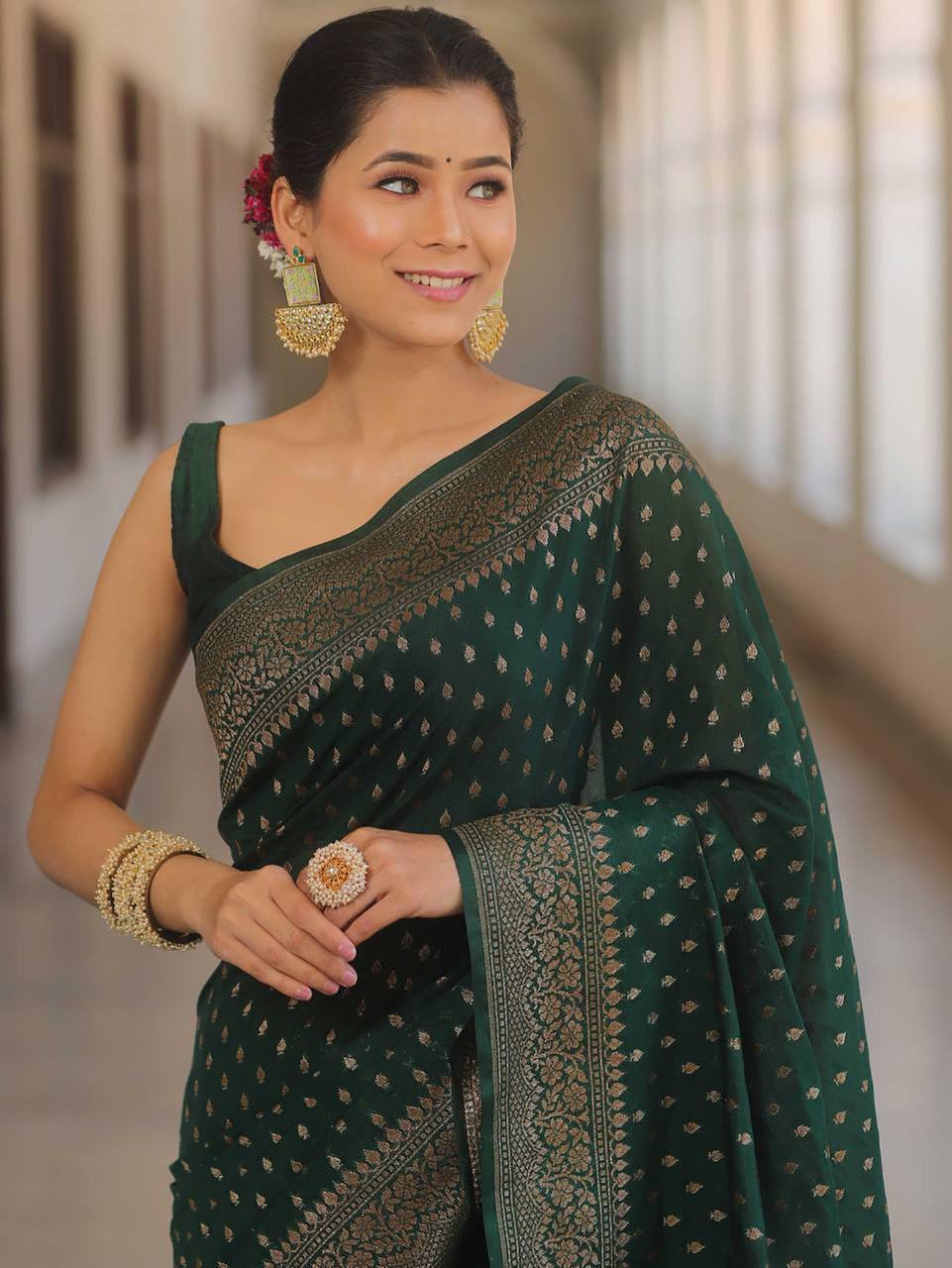 Premium Emerald Green Banarasi Silk Saree with Antique Gold Zari Butti Work & Rich Border