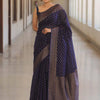 Luxury Navy Blue Banarasi Silk Saree with Antique Gold Zari Butti Work & Rich Border
