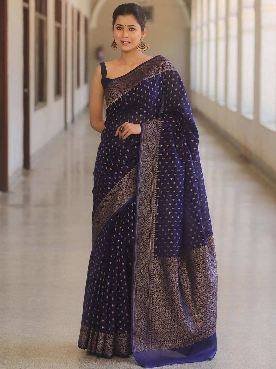 Luxury Navy Blue Banarasi Silk Saree with Antique Gold Zari Butti Work & Rich Border