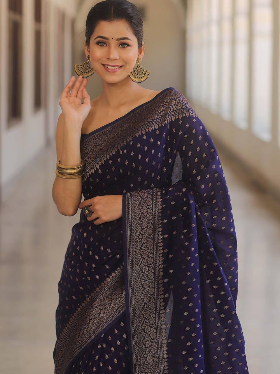 Luxury Navy Blue Banarasi Silk Saree with Antique Gold Zari Butti Work & Rich Border