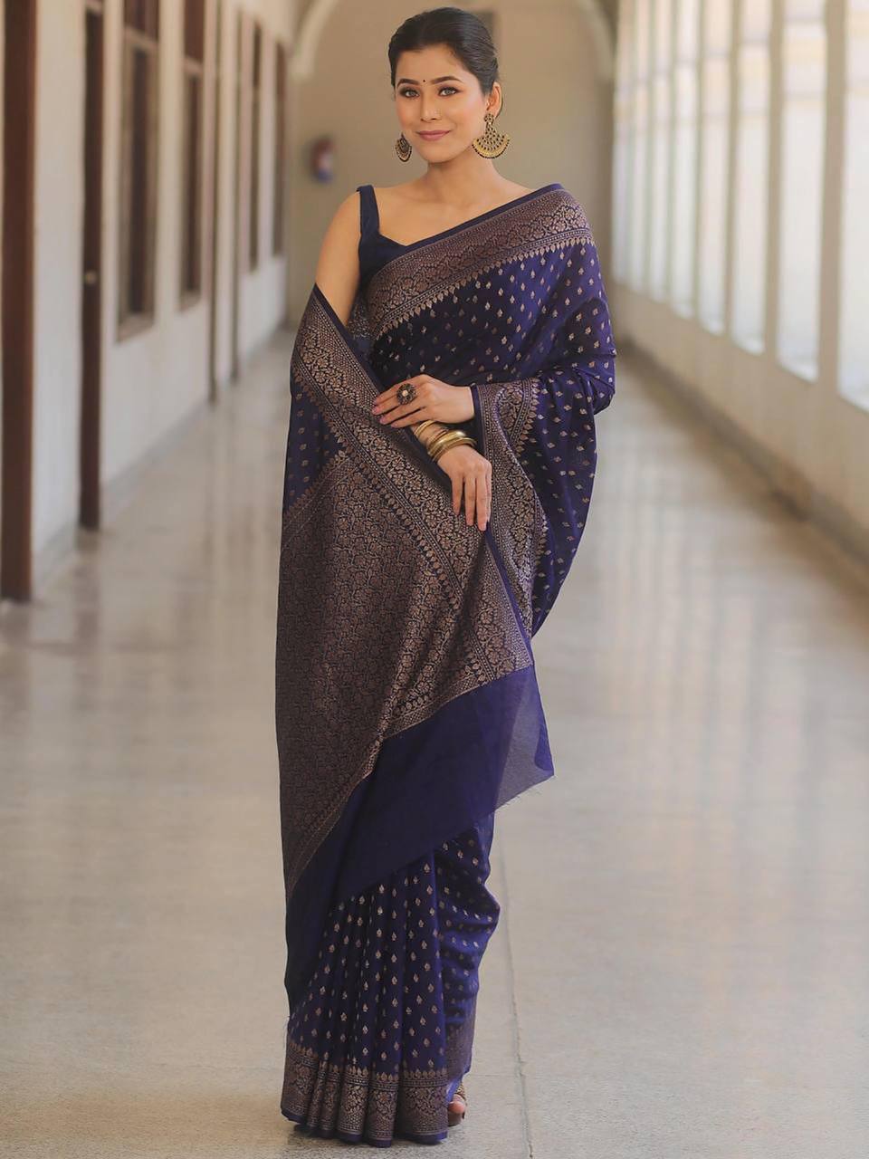 Luxury Navy Blue Banarasi Silk Saree with Antique Gold Zari Butti Work & Rich Border