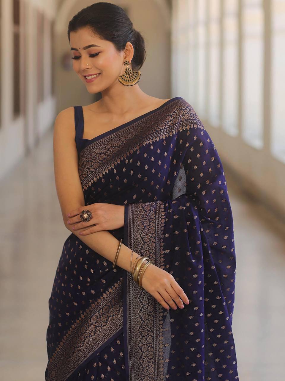 Luxury Navy Blue Banarasi Silk Saree with Antique Gold Zari Butti Work & Rich Border