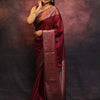 Elegant Wine Banarasi Silk Saree with Rose Gold Zari Border & Rich Traditional Weaving