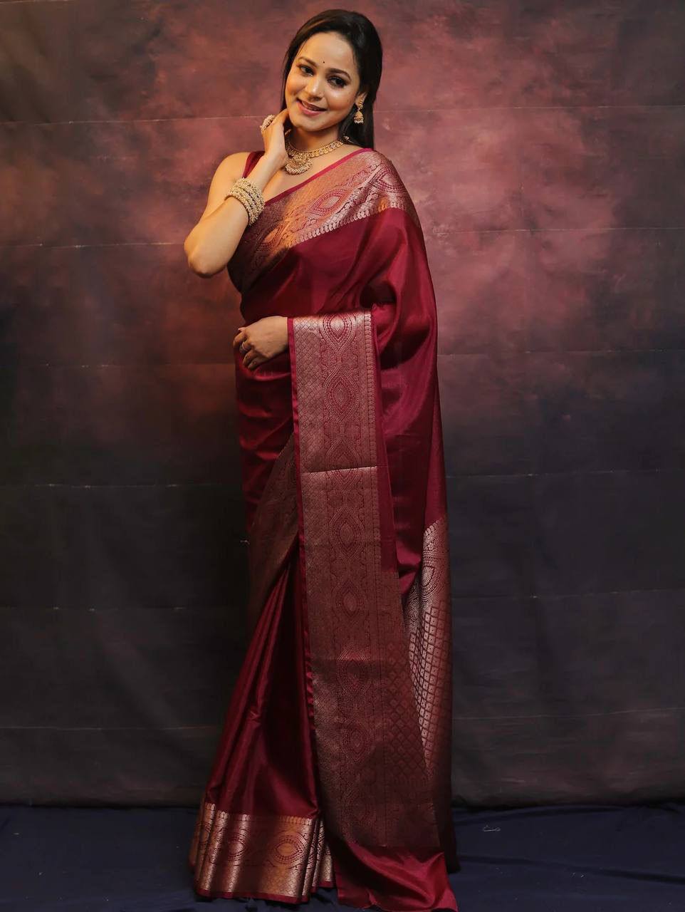 Elegant Wine Banarasi Silk Saree with Rose Gold Zari Border & Rich Traditional Weaving