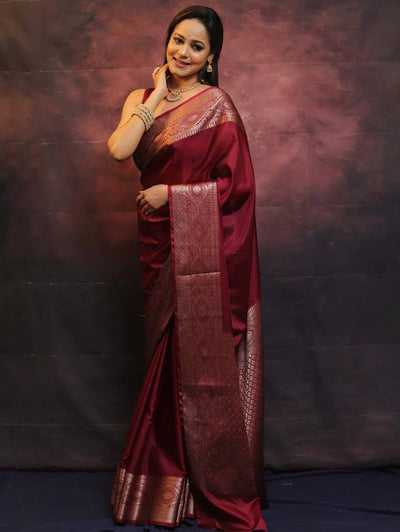 Elegant Wine Banarasi Silk Saree with Rose Gold Zari Border & Rich Traditional Weaving