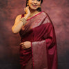 Elegant Wine Banarasi Silk Saree with Rose Gold Zari Border & Rich Traditional Weaving
