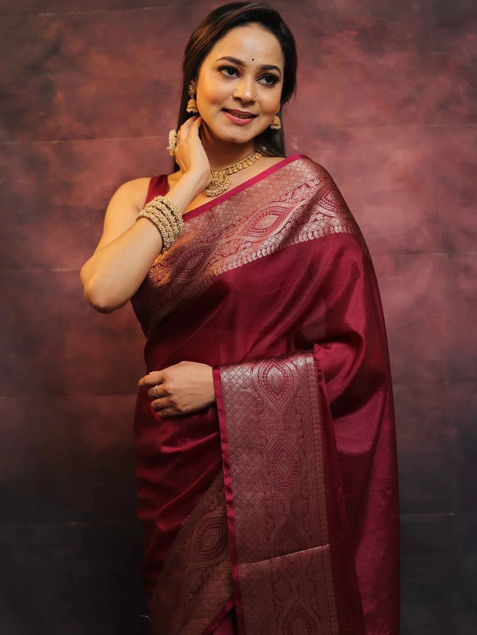 Elegant Wine Banarasi Silk Saree with Rose Gold Zari Border & Rich Traditional Weaving