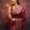 Elegant Wine Banarasi Silk Saree with Rose Gold Zari Border & Rich Traditional Weaving