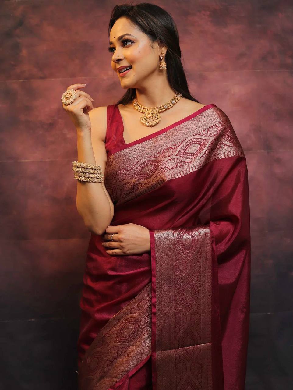 Elegant Wine Banarasi Silk Saree with Rose Gold Zari Border & Rich Traditional Weaving