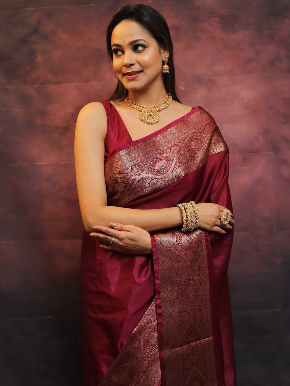 Elegant Wine Banarasi Silk Saree with Rose Gold Zari Border & Rich Traditional Weaving