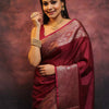 Elegant Wine Banarasi Silk Saree with Rose Gold Zari Border & Rich Traditional Weaving