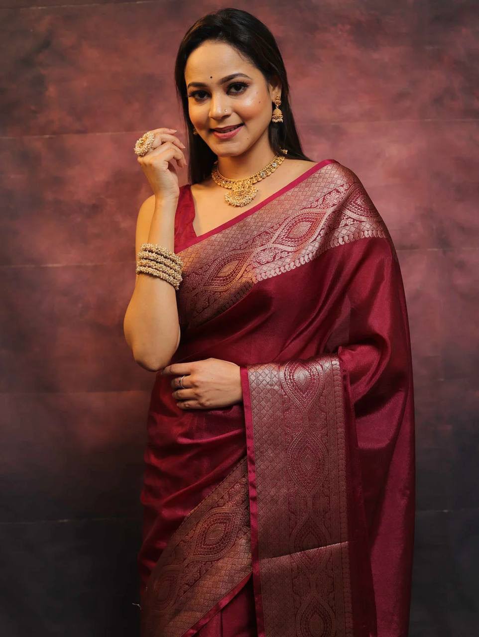 Elegant Wine Banarasi Silk Saree with Rose Gold Zari Border & Rich Traditional Weaving