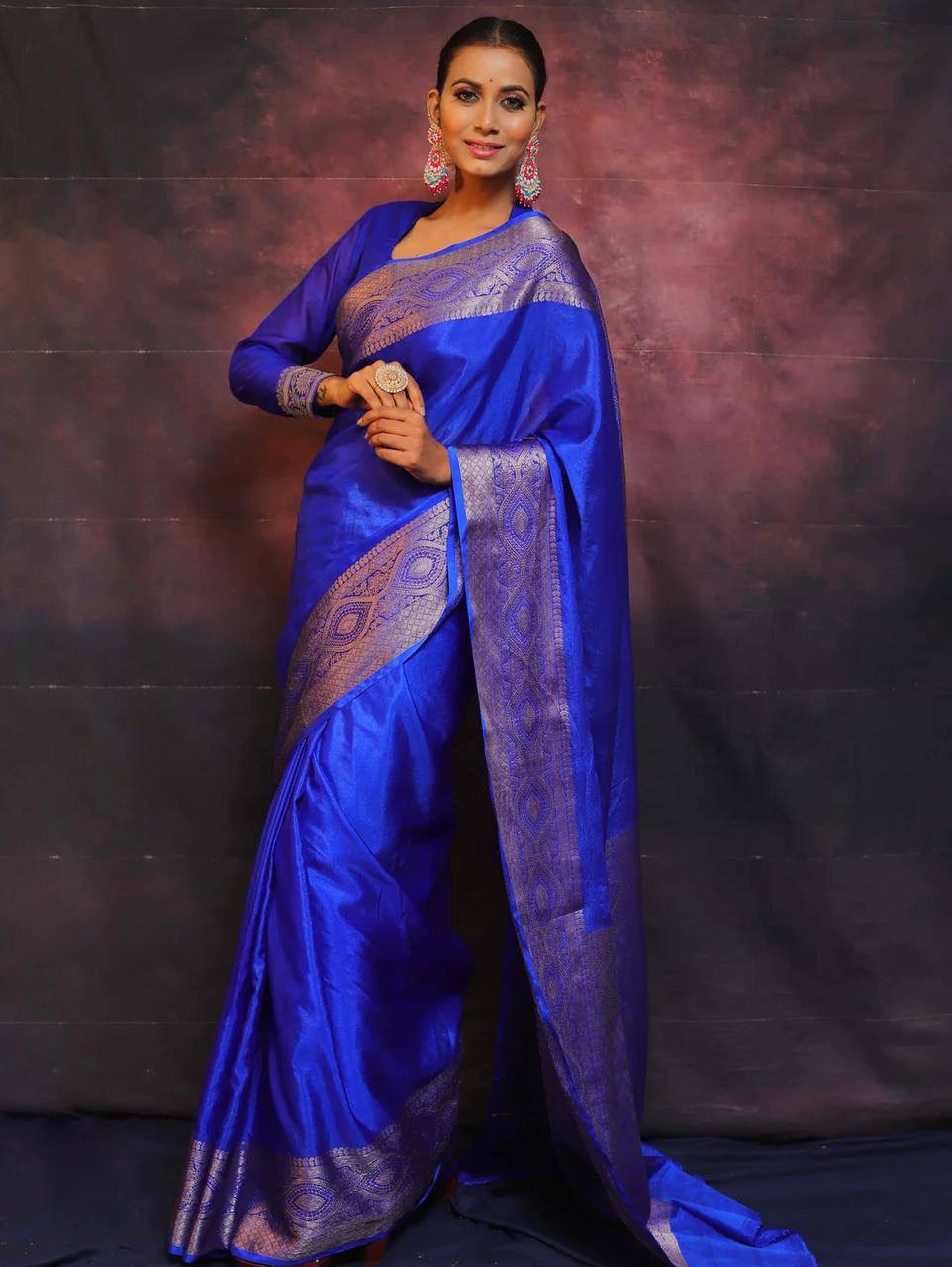 Luxury Royal Blue Banarasi Silk Saree with Silver Zari Border & Rich Traditional Weaving
