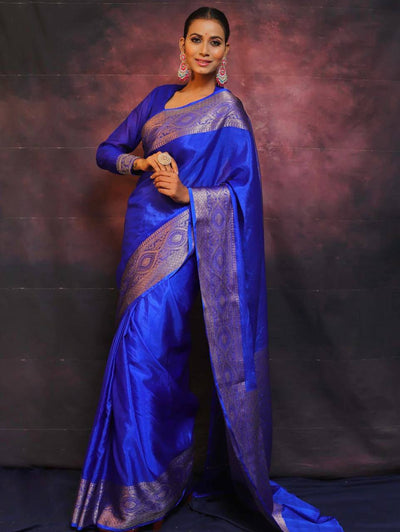 Luxury Royal Blue Banarasi Silk Saree with Silver Zari Border & Rich Traditional Weaving