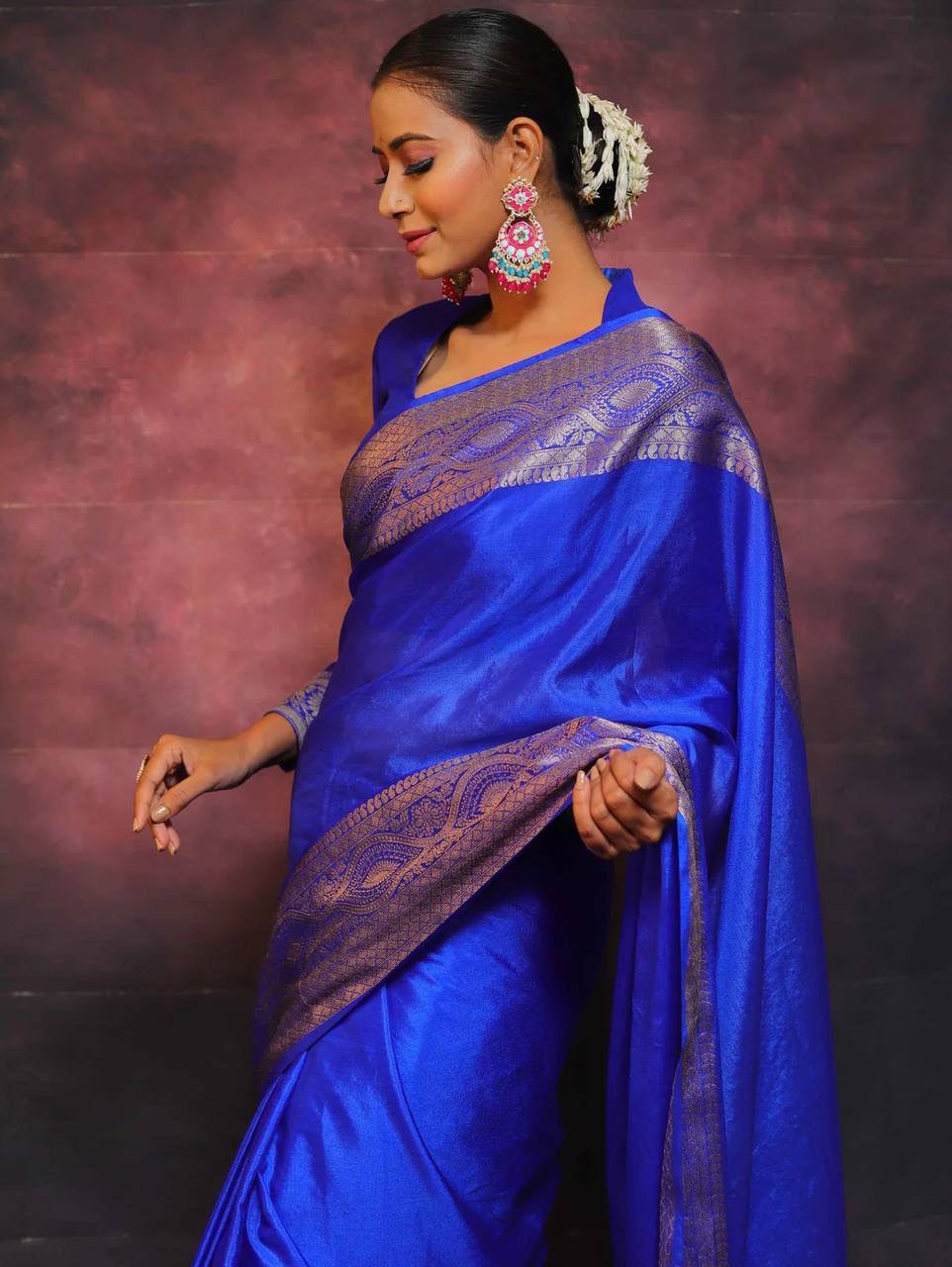 Luxury Royal Blue Banarasi Silk Saree with Silver Zari Border & Rich Traditional Weaving