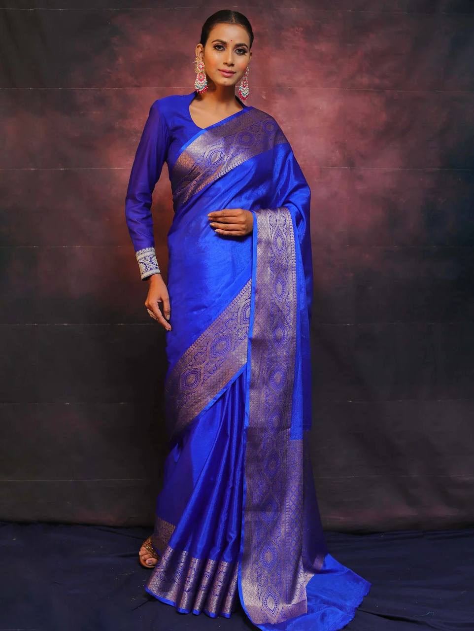 Luxury Royal Blue Banarasi Silk Saree with Silver Zari Border & Rich Traditional Weaving