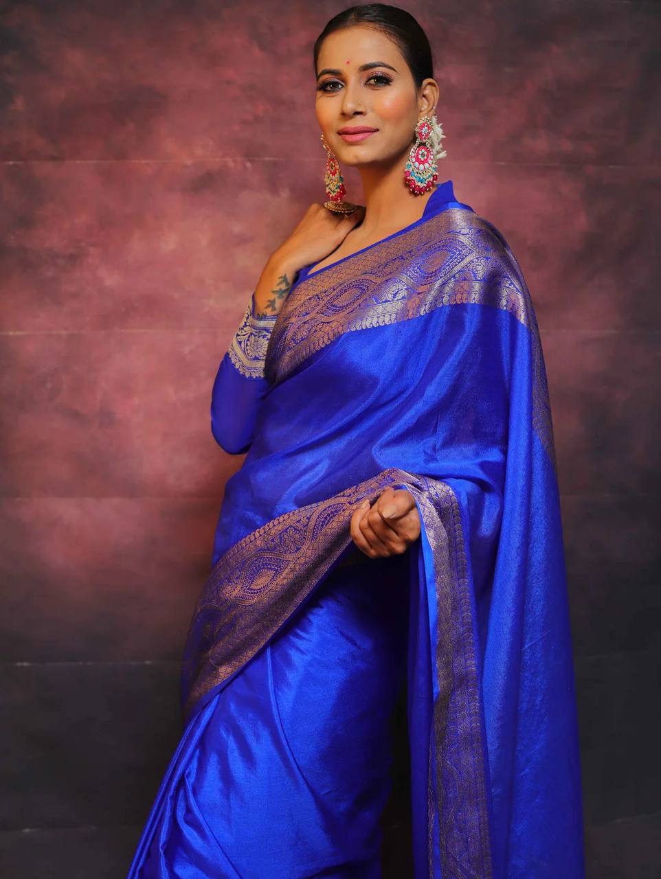 Luxury Royal Blue Banarasi Silk Saree with Silver Zari Border & Rich Traditional Weaving