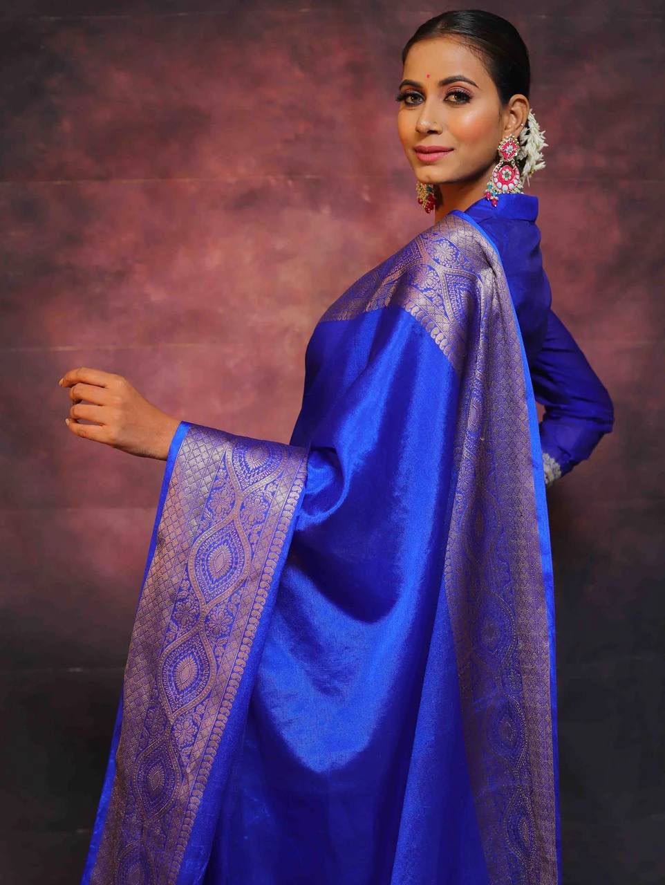 Luxury Royal Blue Banarasi Silk Saree with Silver Zari Border & Rich Traditional Weaving