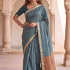 Elegant Dusty Blue Soft Silk Saree with Minimal Gold Border