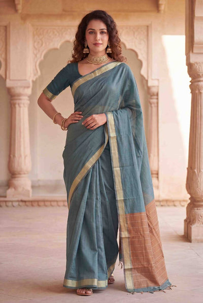 Elegant Dusty Blue Soft Silk Saree with Minimal Gold Border