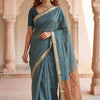 Elegant Dusty Blue Soft Silk Saree with Minimal Gold Border