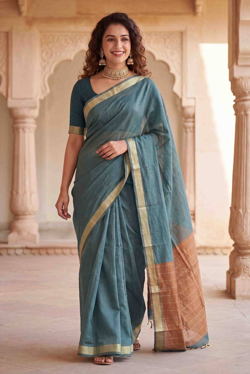 Elegant Dusty Blue Soft Silk Saree with Minimal Gold Border