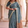 Elegant Dusty Blue Soft Silk Saree with Minimal Gold Border