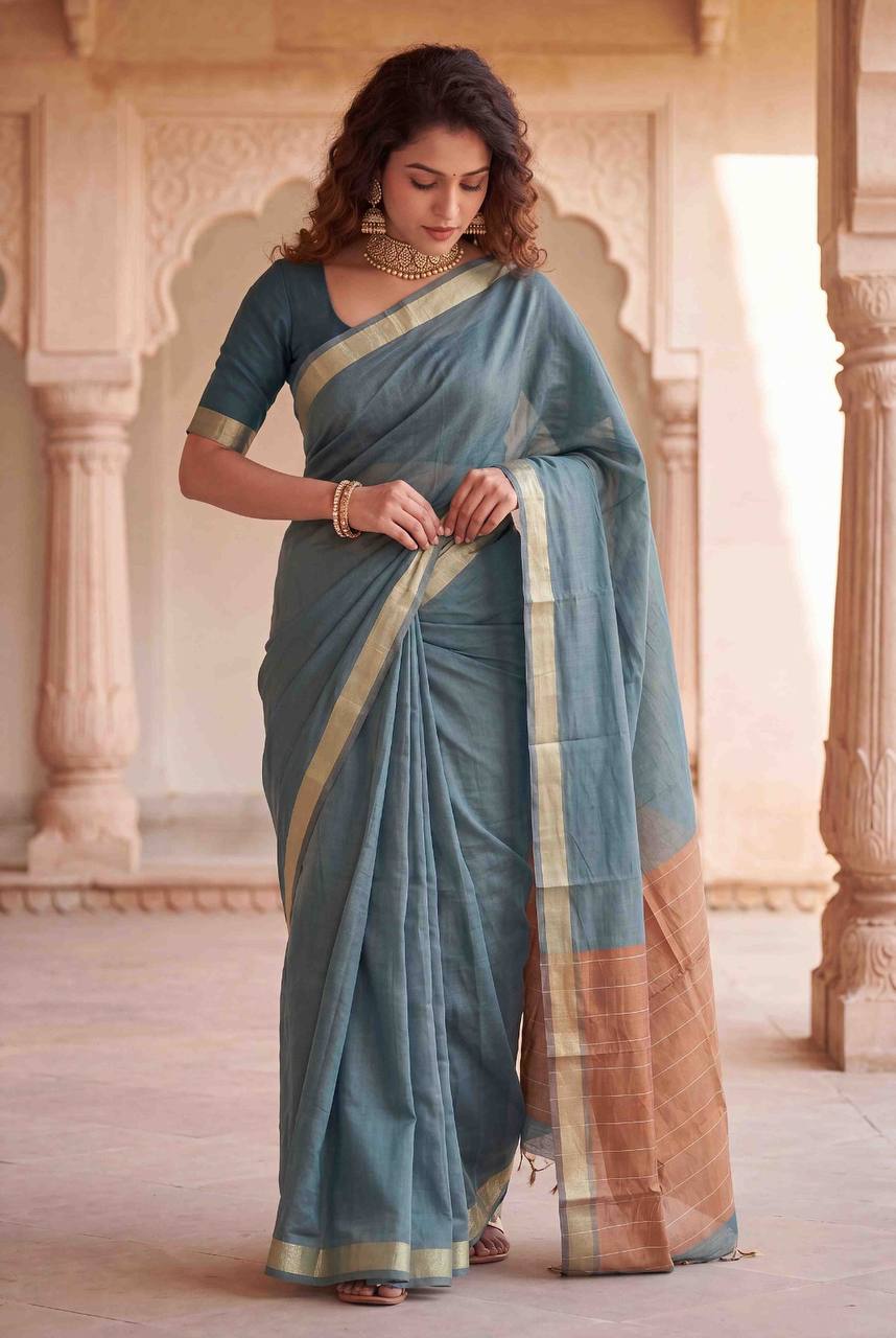 Elegant Dusty Blue Soft Silk Saree with Minimal Gold Border