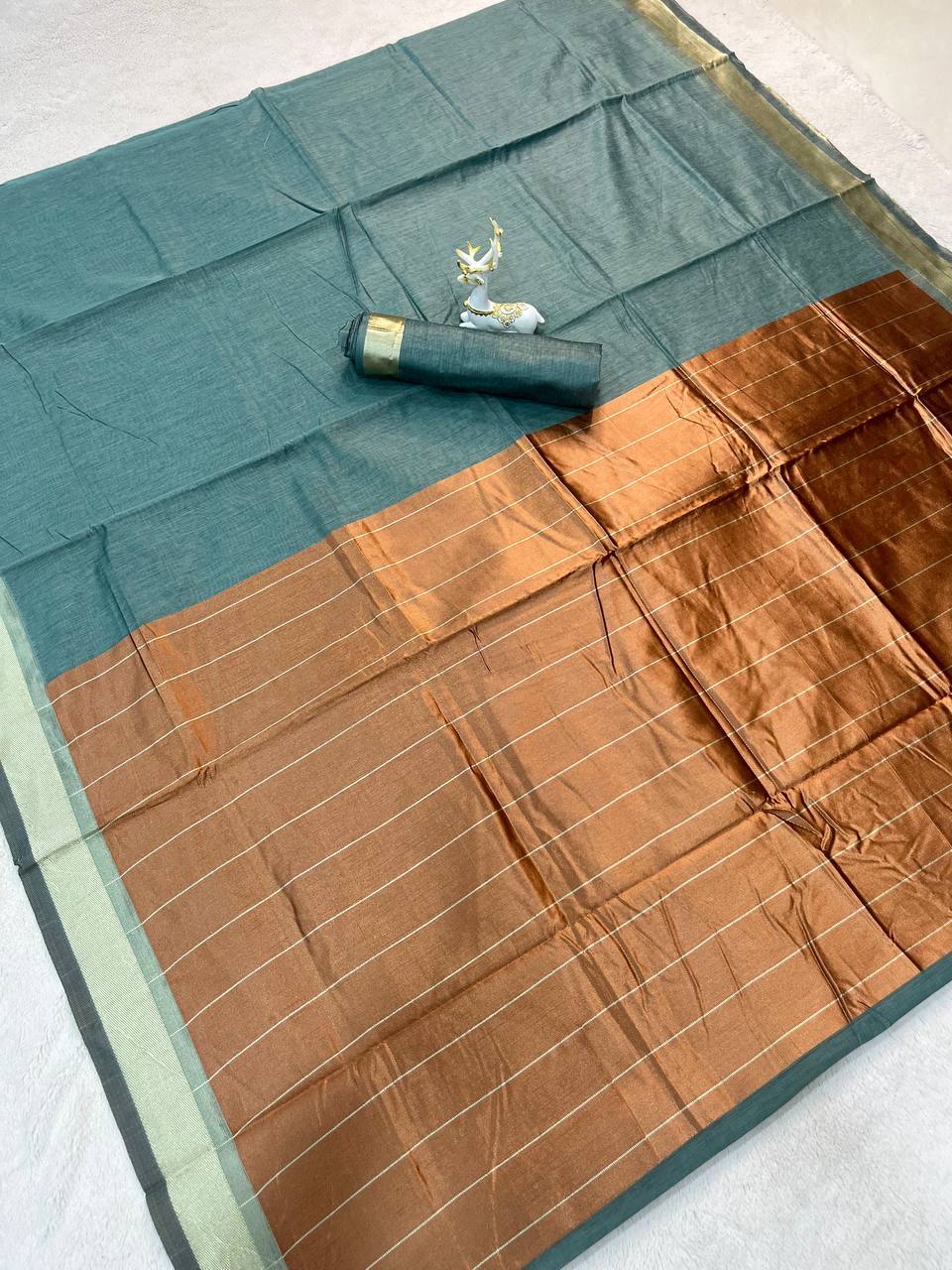 Elegant Dusty Blue Soft Silk Saree with Minimal Gold Border