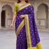 Royal Violet Kanjivaram Style Silk Saree with Lime Gold Zari Border