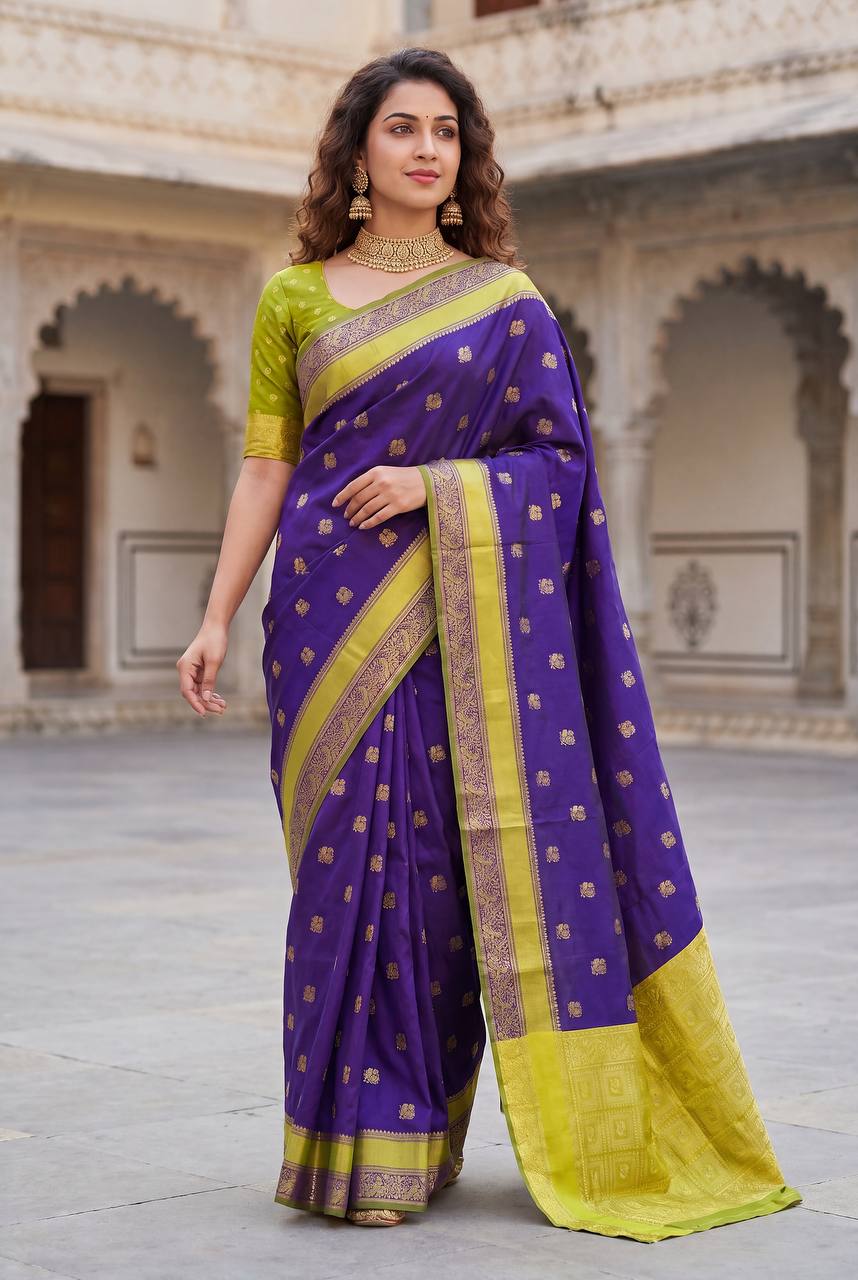 Royal Violet Kanjivaram Style Silk Saree with Lime Gold Zari Border