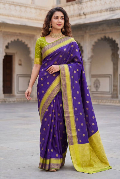 Royal Violet Kanjivaram Style Silk Saree with Lime Gold Zari Border